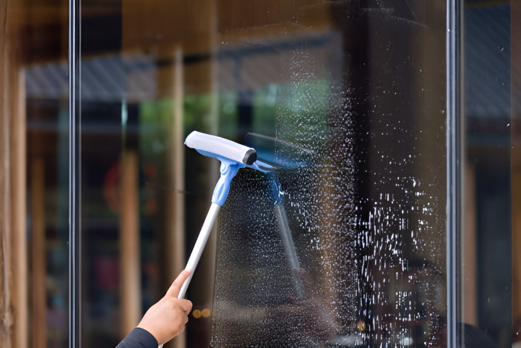 A person cleaning a window with a squeegee and no hard water stains