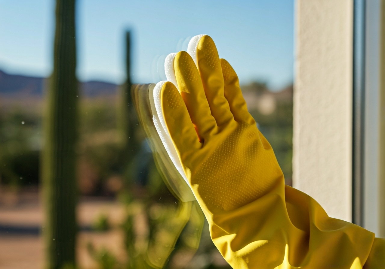 Hand cleaning window close-up